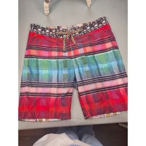 Robert Graham Mens Plaid Skull Waistband Swim Trunks Board Shorts Multicolor 34